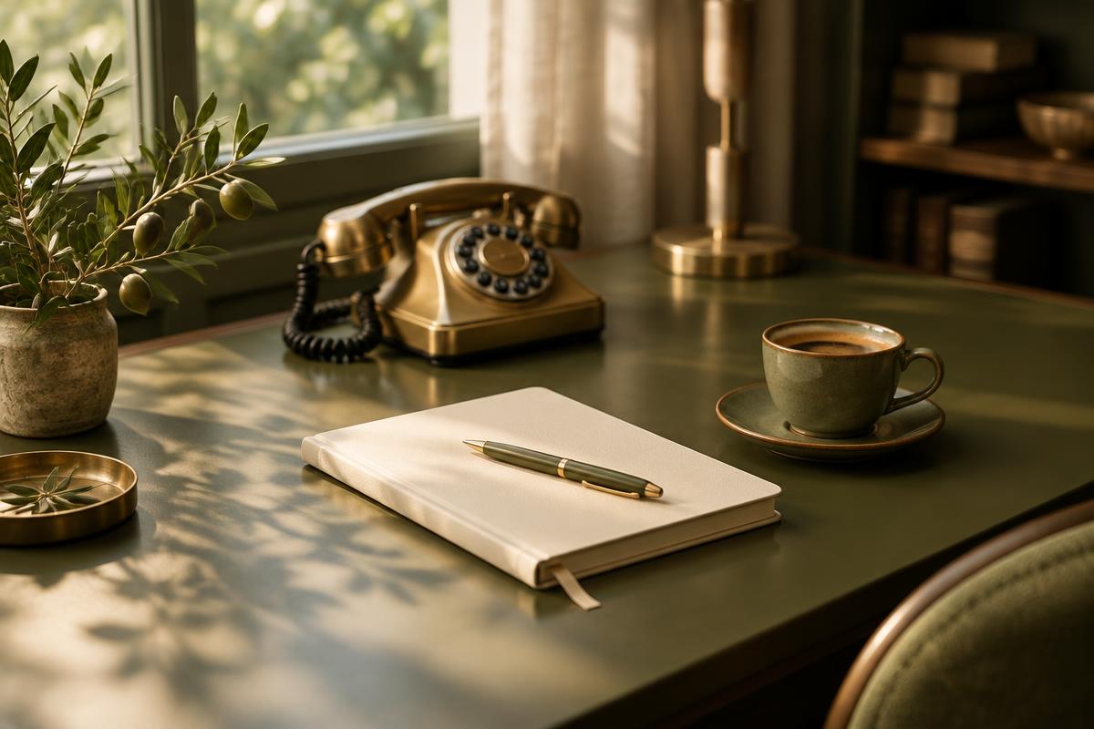 Brass desk phone beside a notebook and coffee on an olive desk