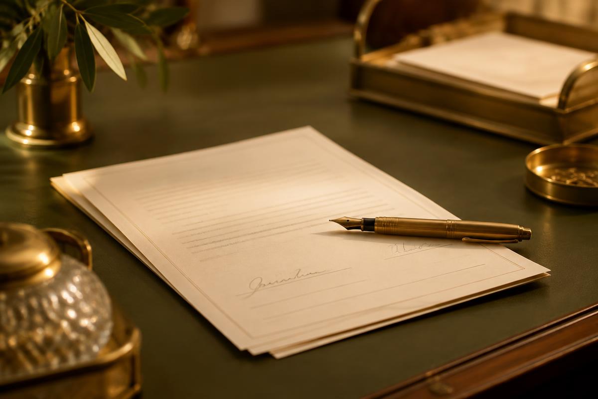 Signed contract pages with a gold fountain pen