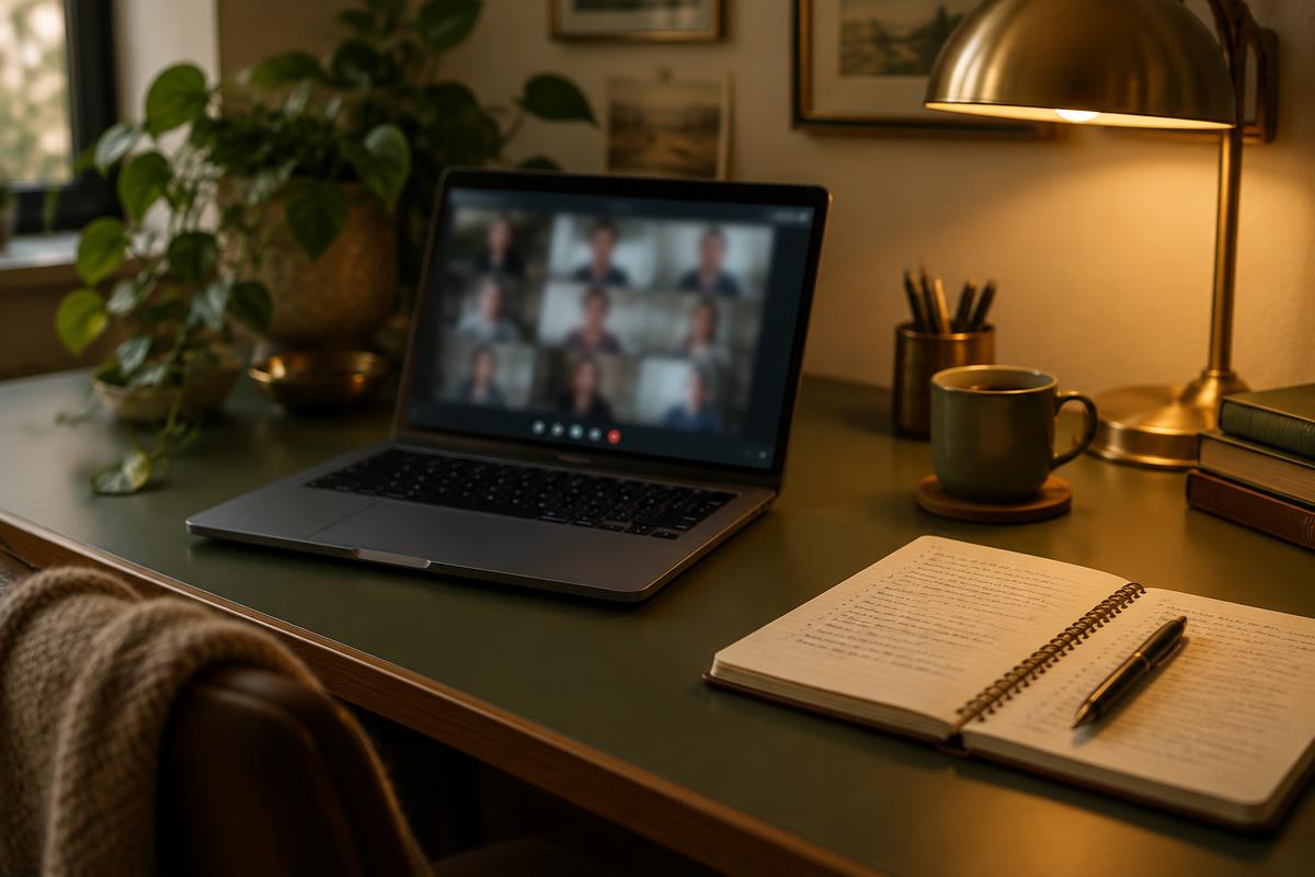 Laptop on a video call next to an open notebook of handwritten notes
