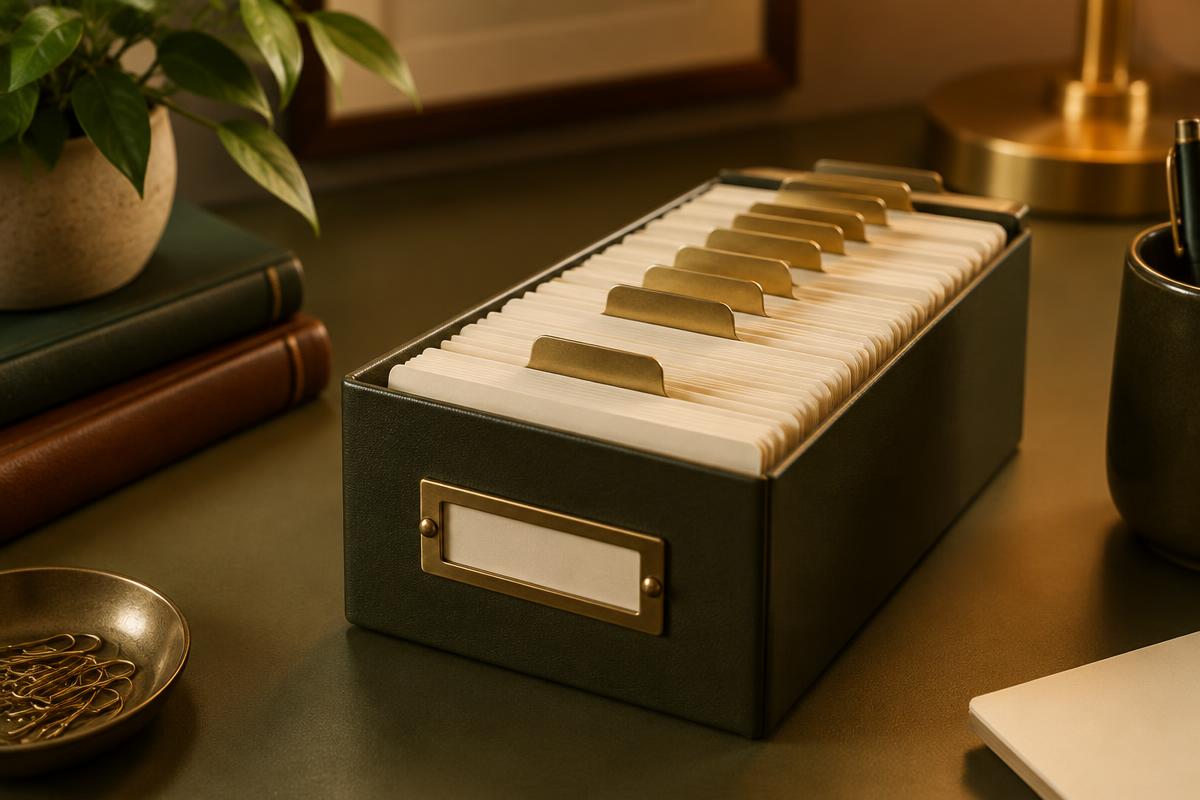 Organized card file box with brass divider tabs
