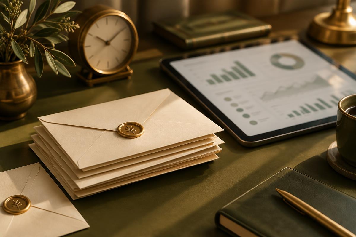 Stack of sealed envelopes beside a tablet showing charts