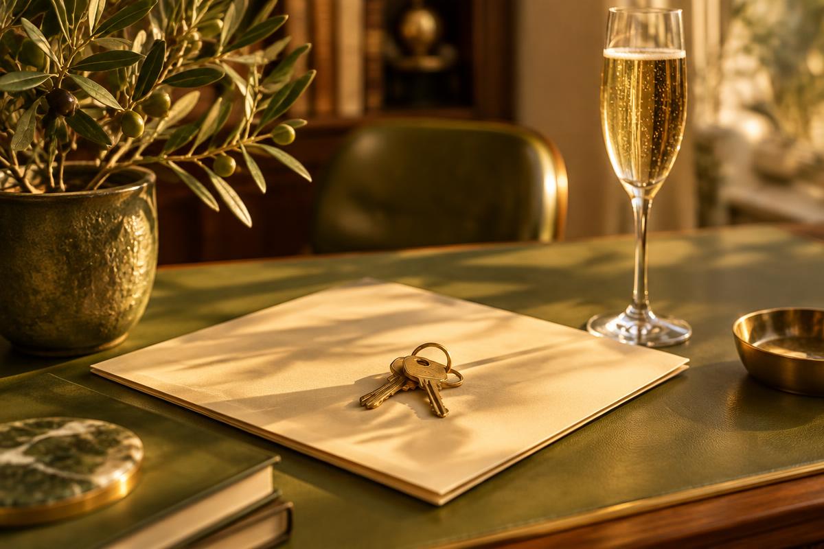 House keys on a folder beside a glass of champagne