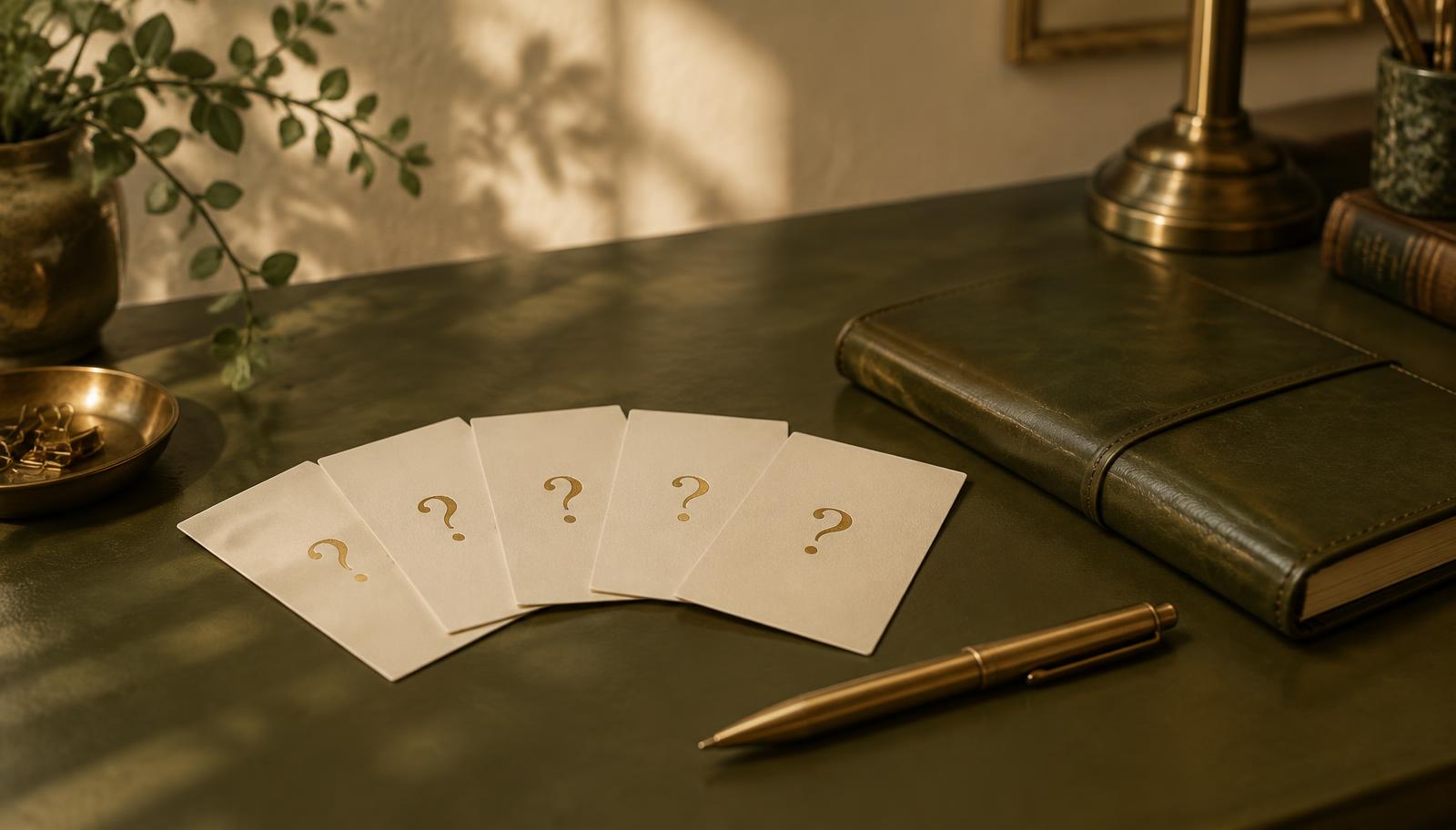 Five cream note cards fanned out, each stamped with a gold ink question mark, beside an olive notebook