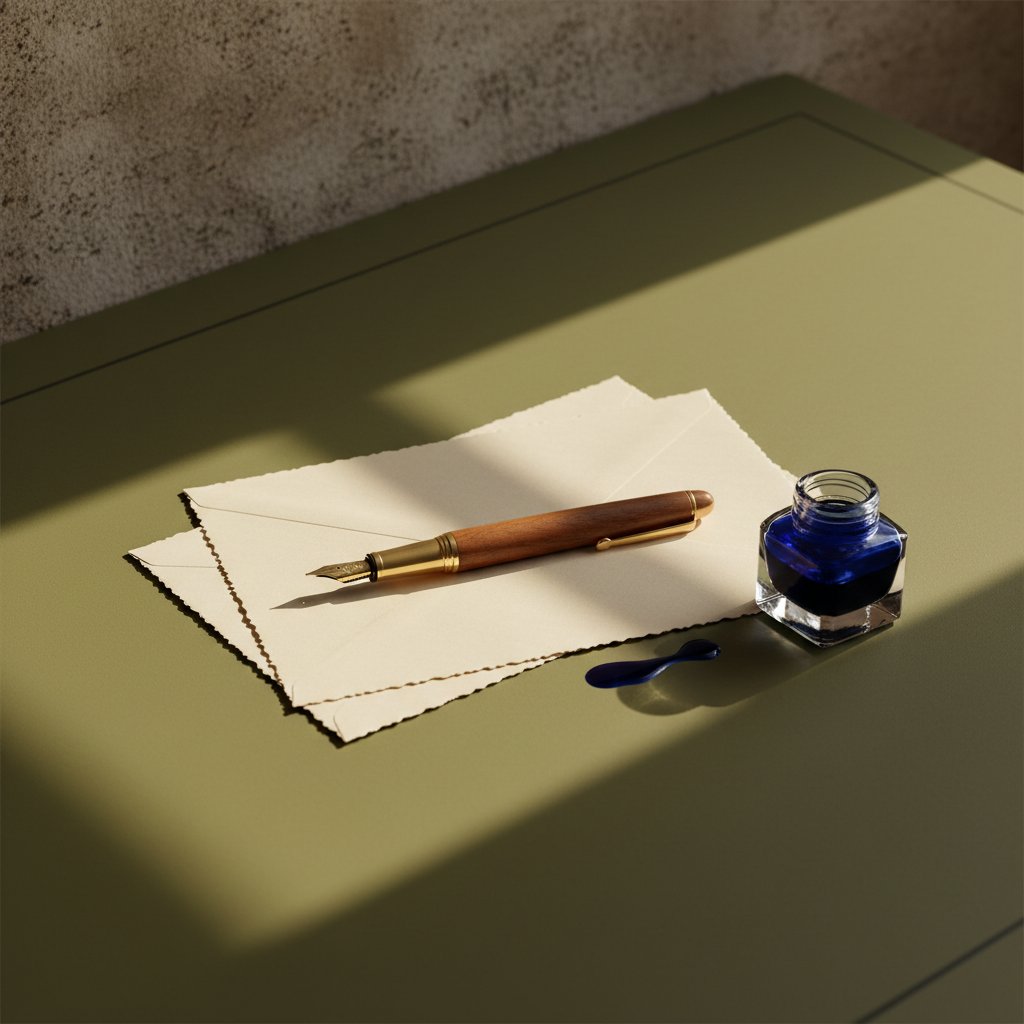 A minimalist workspace with a fountain pen, parchment envelopes, and a crystal inkwell under atmospheric morning light.