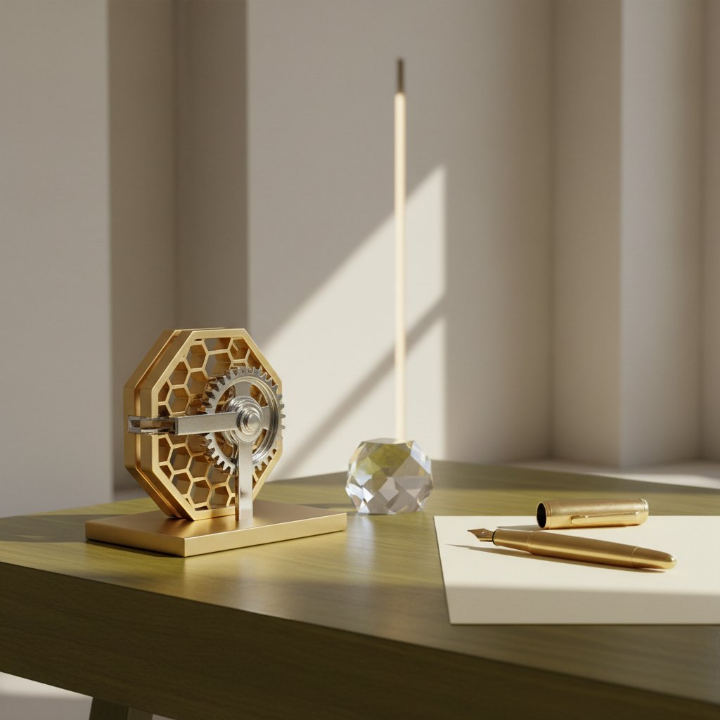 A golden honeycomb structure interlocking with a chrome gear on a desk, symbolizing synergy, precision, and the power of leveraged partnerships.
