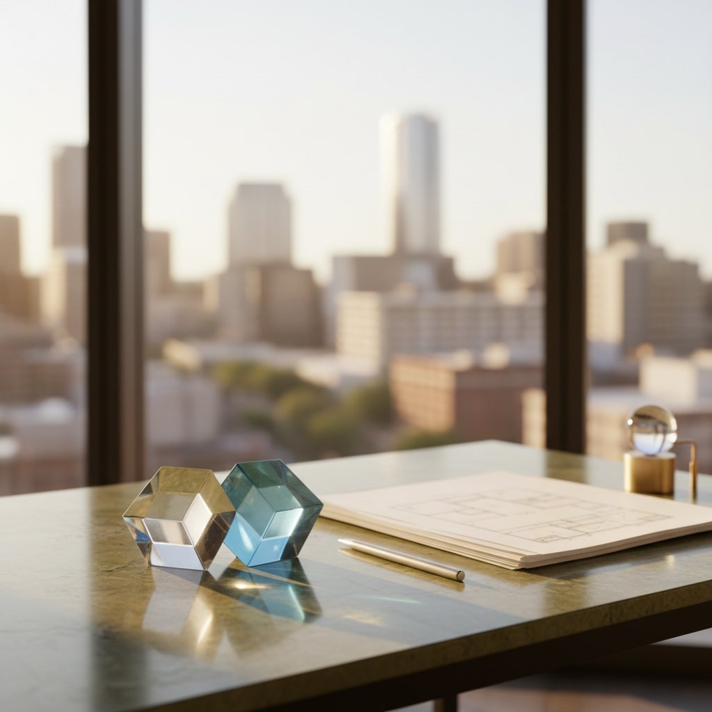 Modern marble desk with interlocking glass sculptures and blueprints, overlooking a sunlit San Antonio skyline, symbolizing professional partnership and strategic leverage.