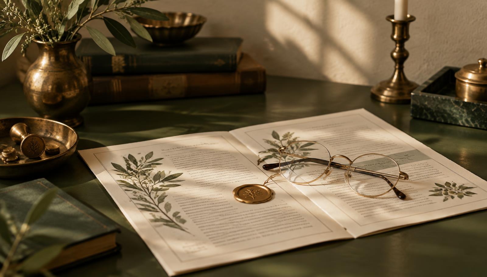 Open cream newsletter pages with olive green botanical illustrations, a gold wax seal and brass reading glasses