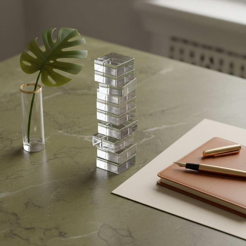 A minimalist still life with glass blocks, a leather planner, and a fountain pen on marble, symbolizing balance and structural precision in business scaling.