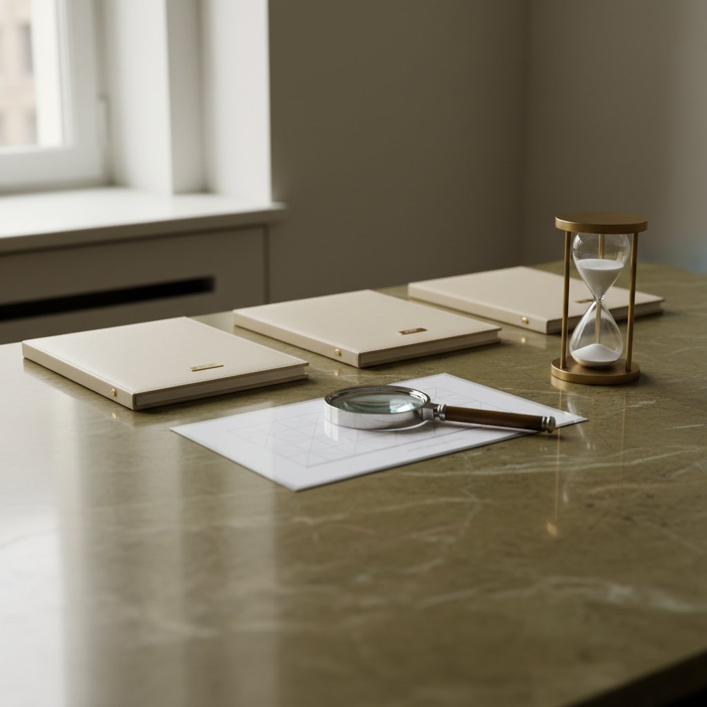 A minimalist marble desk with organized portfolios, a silver magnifying glass, and a modern hourglass, symbolizing precision and audit-ready compliance structure.