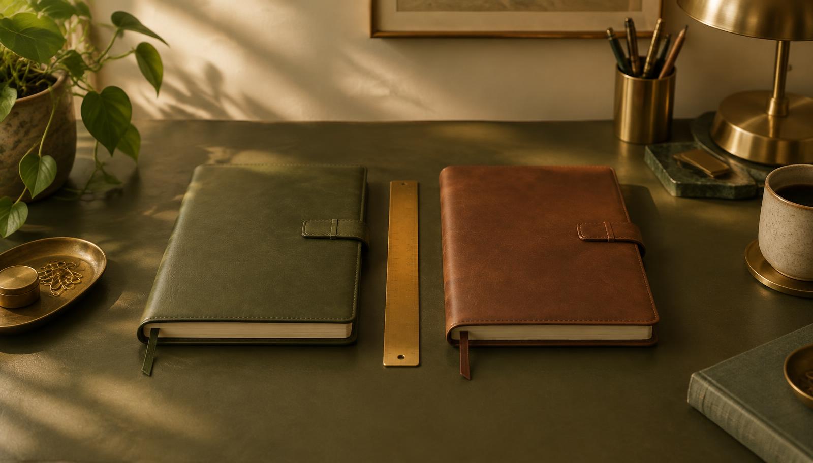 Olive green and brown leather day planners side by side, separated by a slim brass ruler