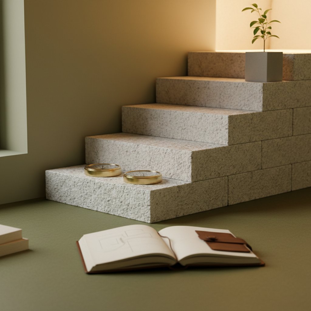A minimalist stone staircase with a compass, a journal, and a small green plant at the top, illuminated by a warm light representing leadership and upward progress.