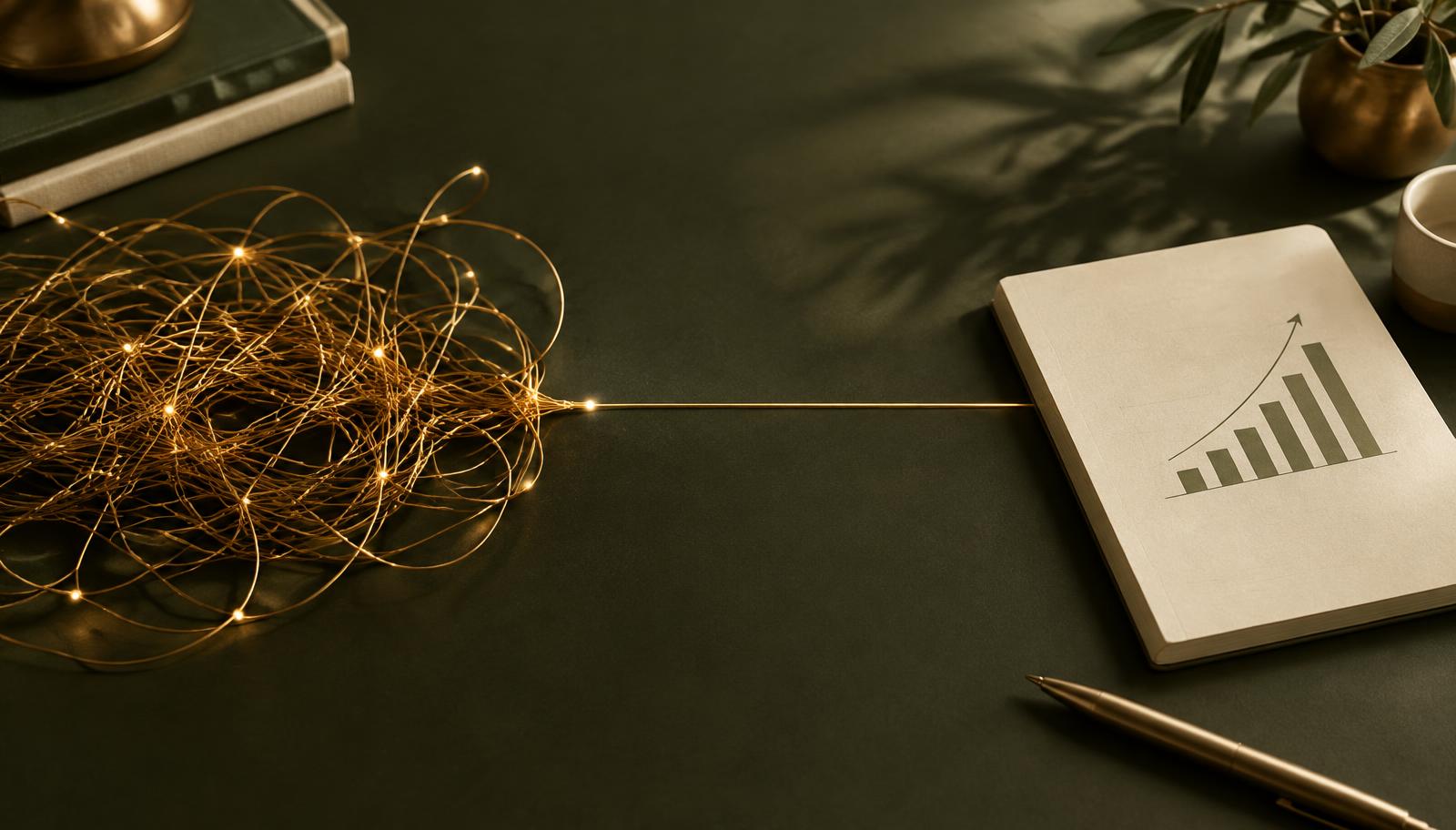 A tangle of glowing gold threads resolving into one straight line toward a notebook with a rising bar chart, representing clarity amid AI marketing noise