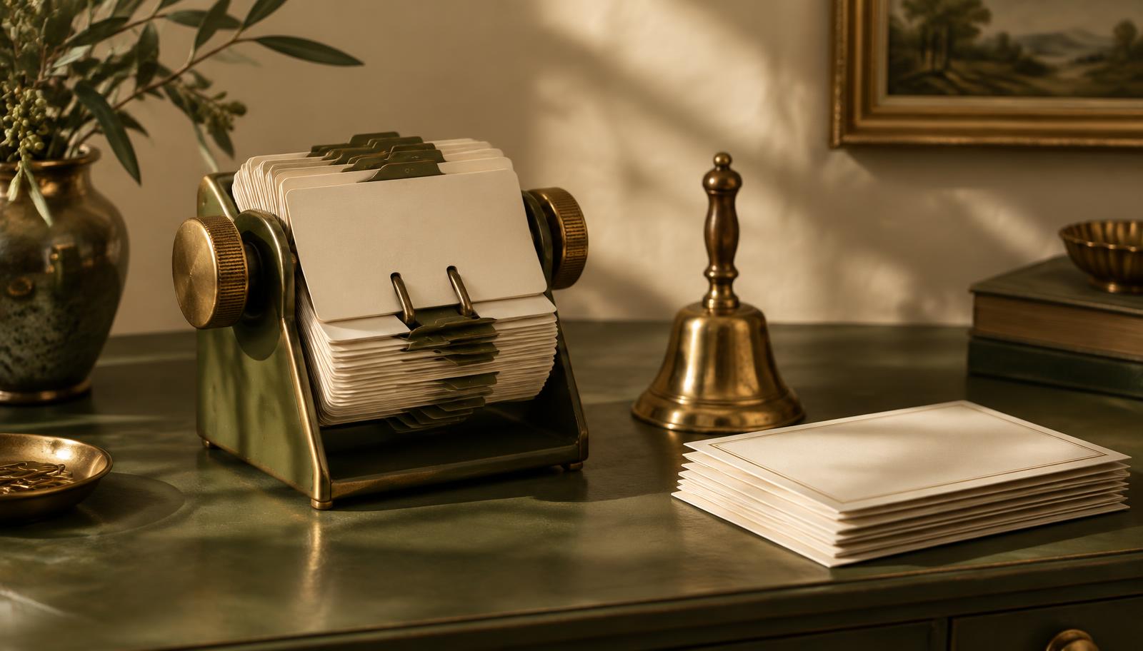 Vintage olive rolodex card file with a brass hand bell and a stack of blank greeting cards