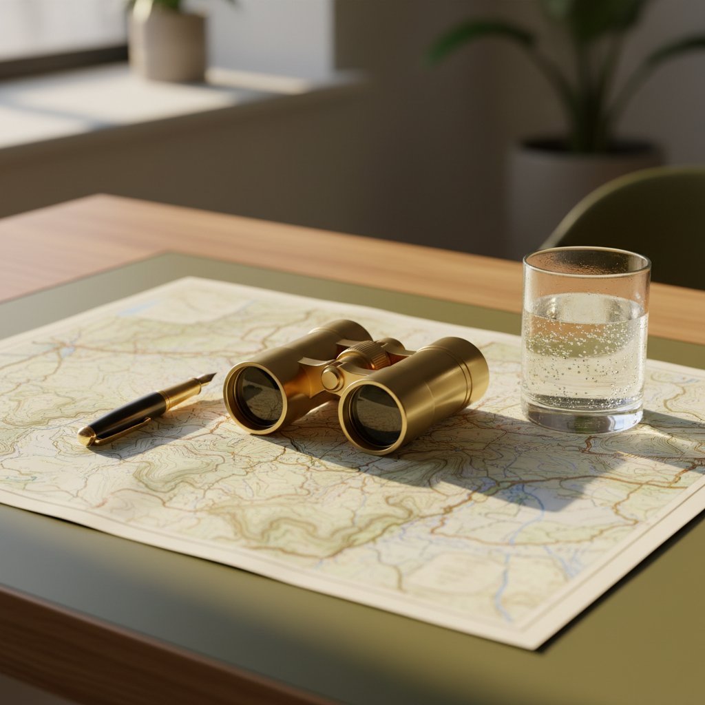 A luxury workspace featuring brass binoculars, a fountain pen, and a topographical Colorado map on a wooden desk in warm sunlight.