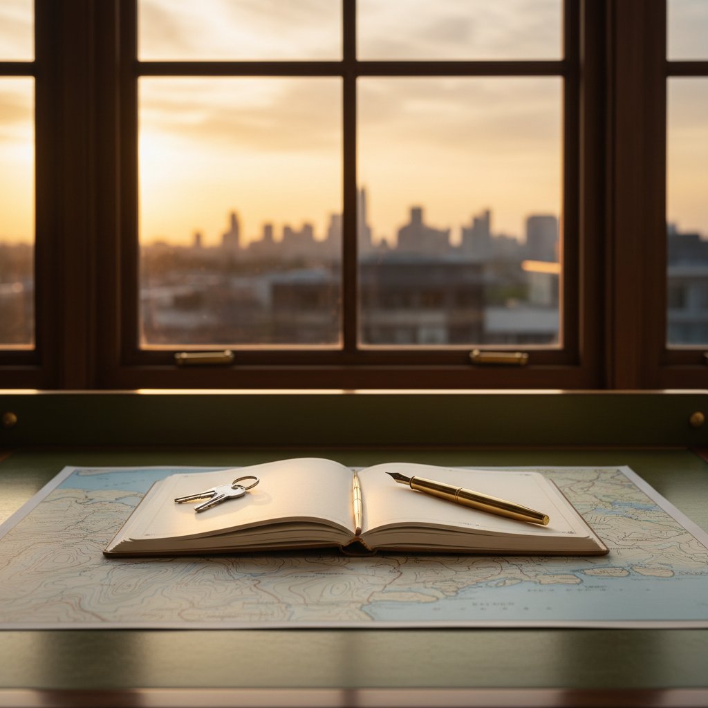 A luxury desk with a fountain pen, keys, and a Great Lakes map overlay, representing professional real estate leverage and transaction coordination in the Midwest.