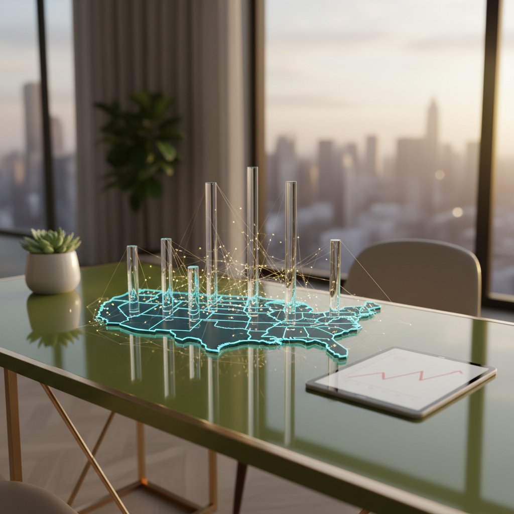 A holographic 3D map of the US on a glass desk, featuring glowing data pillars and golden connection lines, symbolizing strategic national business expansion.