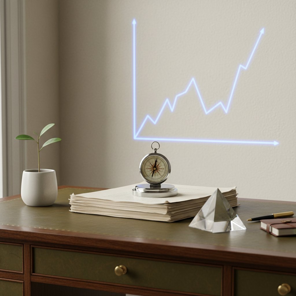A silver compass and crystal pyramid atop market data sheets on a dark desk, with a glowing blue graph in the background and a small green plant.
