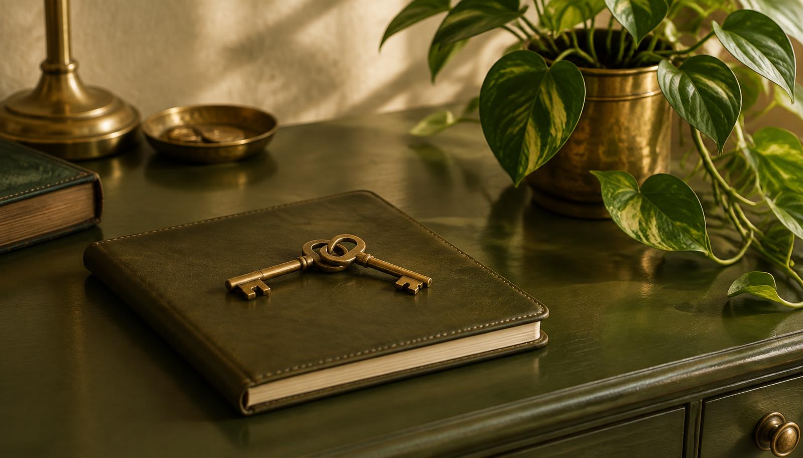 Two brass keys resting on an olive leather notebook beside a trailing pothos plant