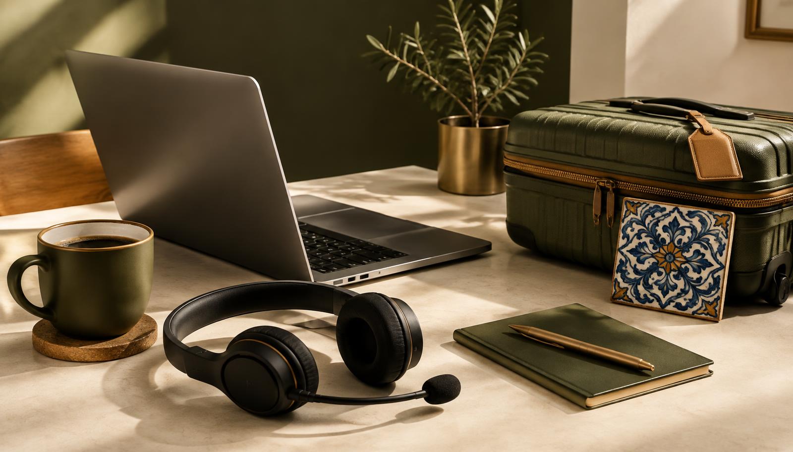 A remote workspace with laptop, headset, coffee, and a packed suitcase with a Portuguese tile, representing a VA team supporting clients during a move