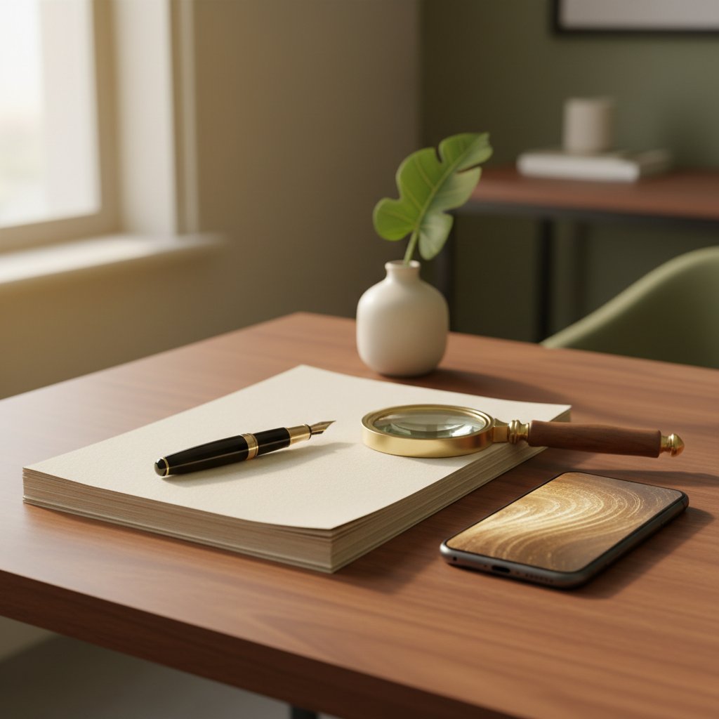 A luxury workspace with a fountain pen, stationery, and a smartphone glowing with light, symbolizing professional communication and modern real estate consistency.