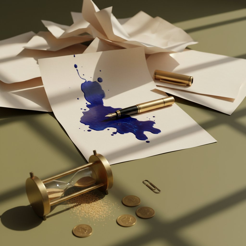 Symbolic still life of a leaking ink pen on messy real estate contracts next to a tilted hourglass and scattered coins on a dark desk.