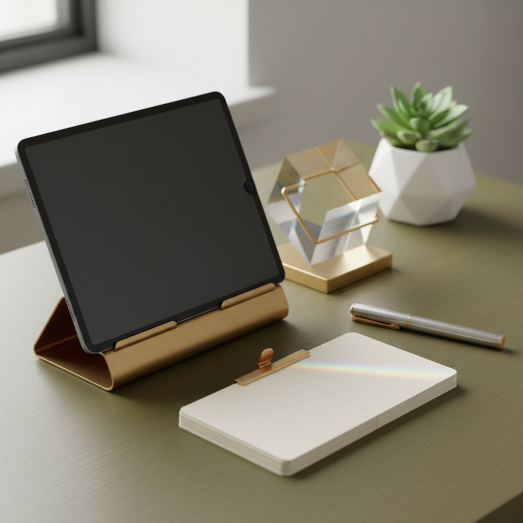 A minimalist workspace with a tablet, glass prism, and organized filing cards, symbolizing digital organization and data management.