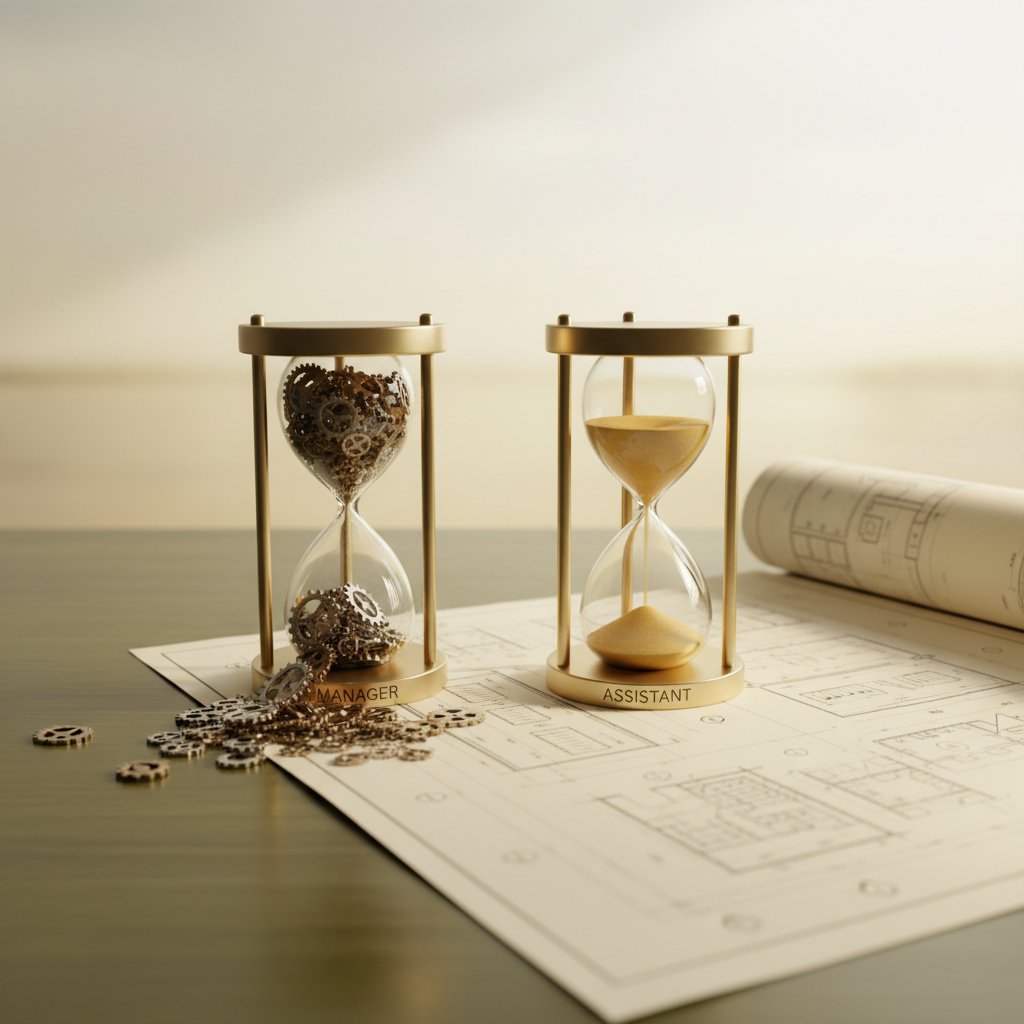 Two hourglasses on a desk: one jammed with messy gears, the other flowing smoothly with gold sand onto a wide blueprint, symbolizing the shift from micromanagement to true leverage.