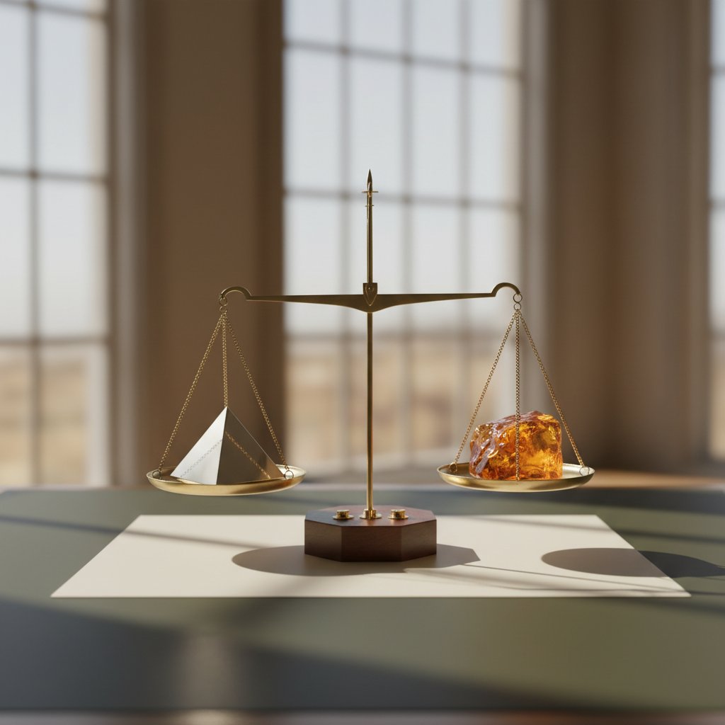 A sleek desk scale balancing a sharp metal pyramid against a warm, glowing amber stone, symbolizing the weight of emotion over logic in business decisions.