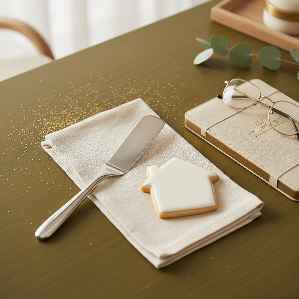 A professional flat lay featuring a house-shaped cookie, an icing spatula, a leather planner, and gold accents on a wooden desk.