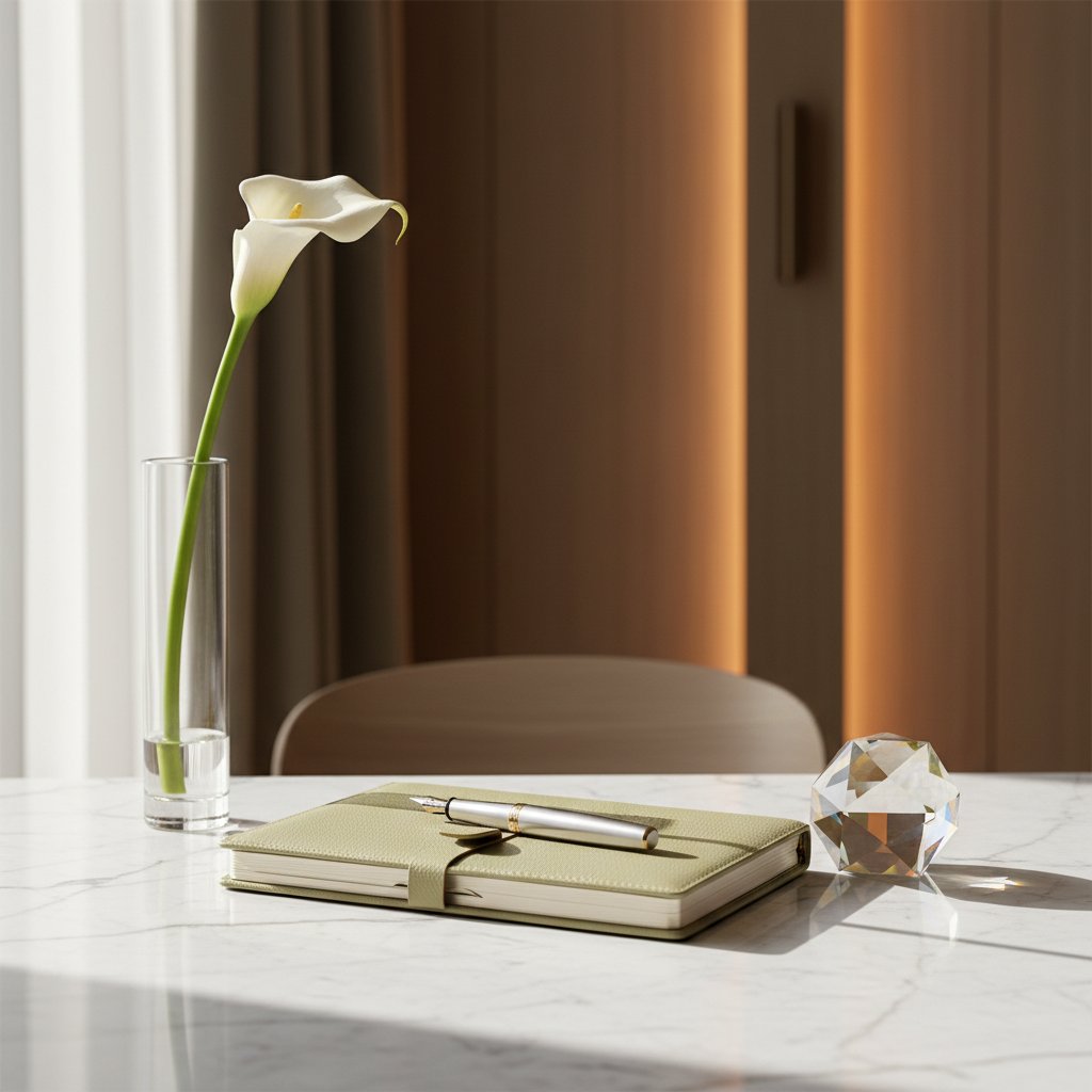 Minimalist workspace with a marble desk, silver pen, leather planner, and a crystal prism reflecting light, symbolizing strategy and professional service.