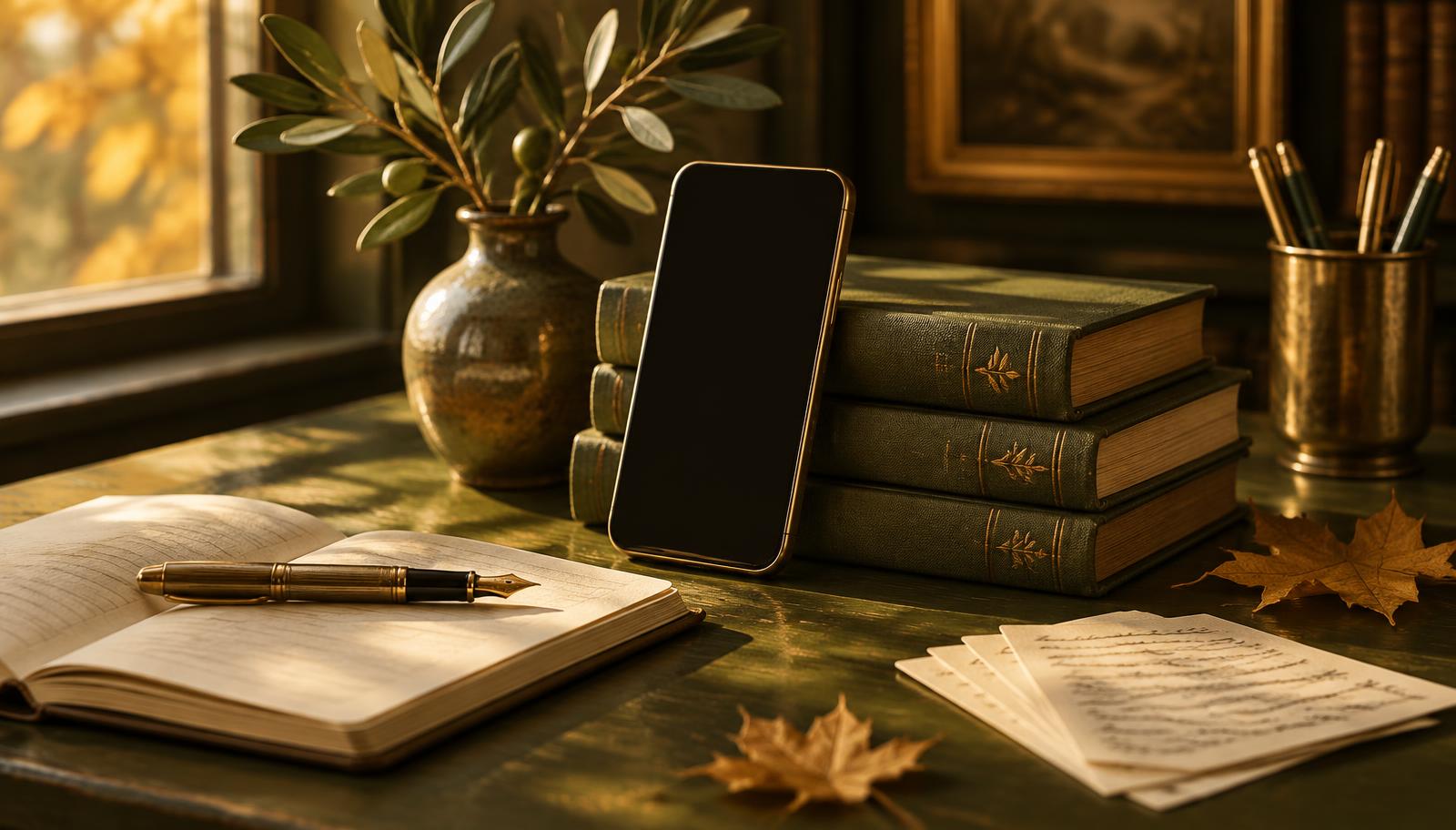 A brass-framed smartphone leaning on a stack of olive-green books beside an open notebook, handwritten cards, and scattered autumn leaves on a green desk