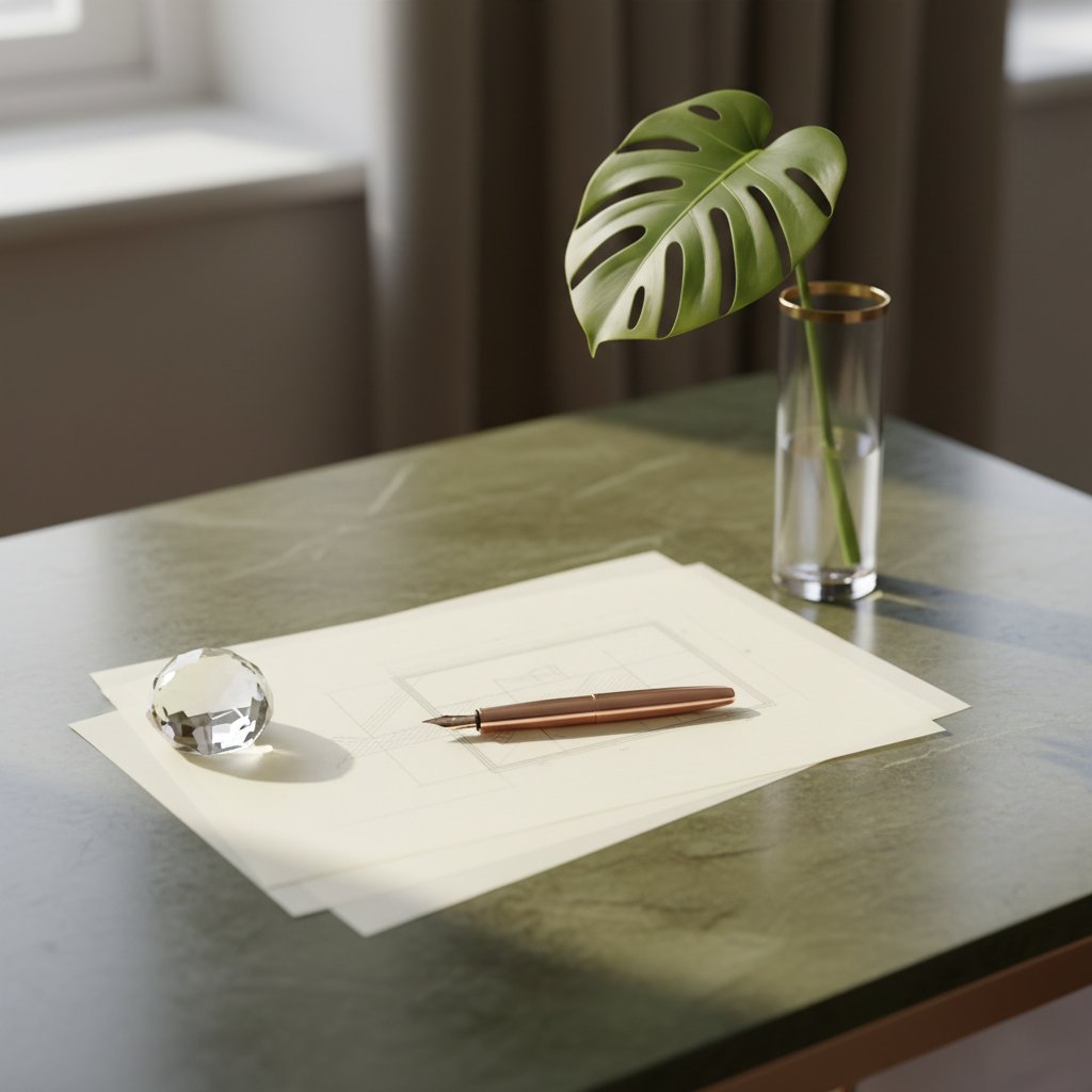 A luxury marble workspace with a rose-gold pen, architectural blueprints, and a crystal paperweight, representing professional transaction coordination and growth.