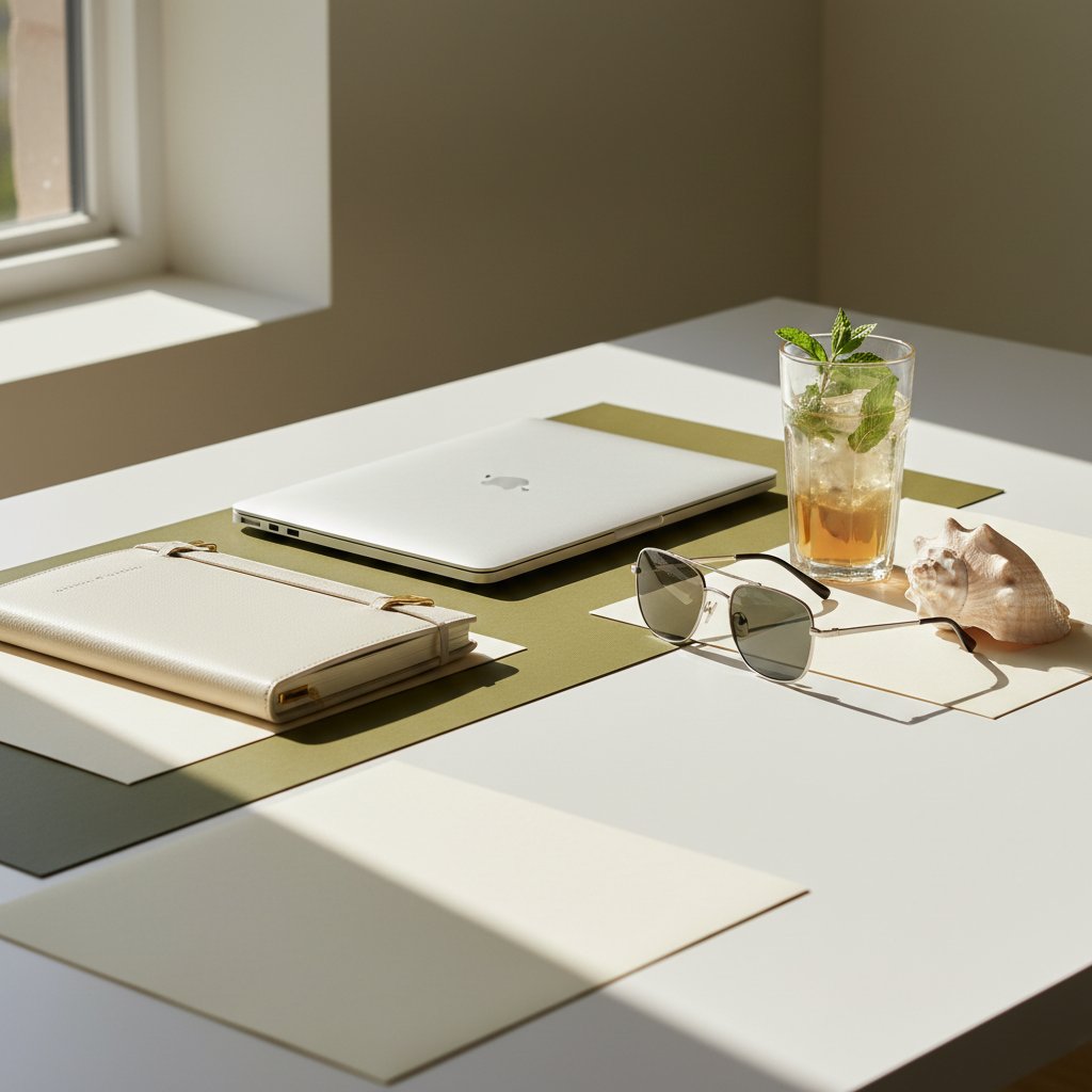 A desk split between work and summer: a laptop and planner next to sunglasses, iced tea, and a seashell paperweight in bright sunlight.