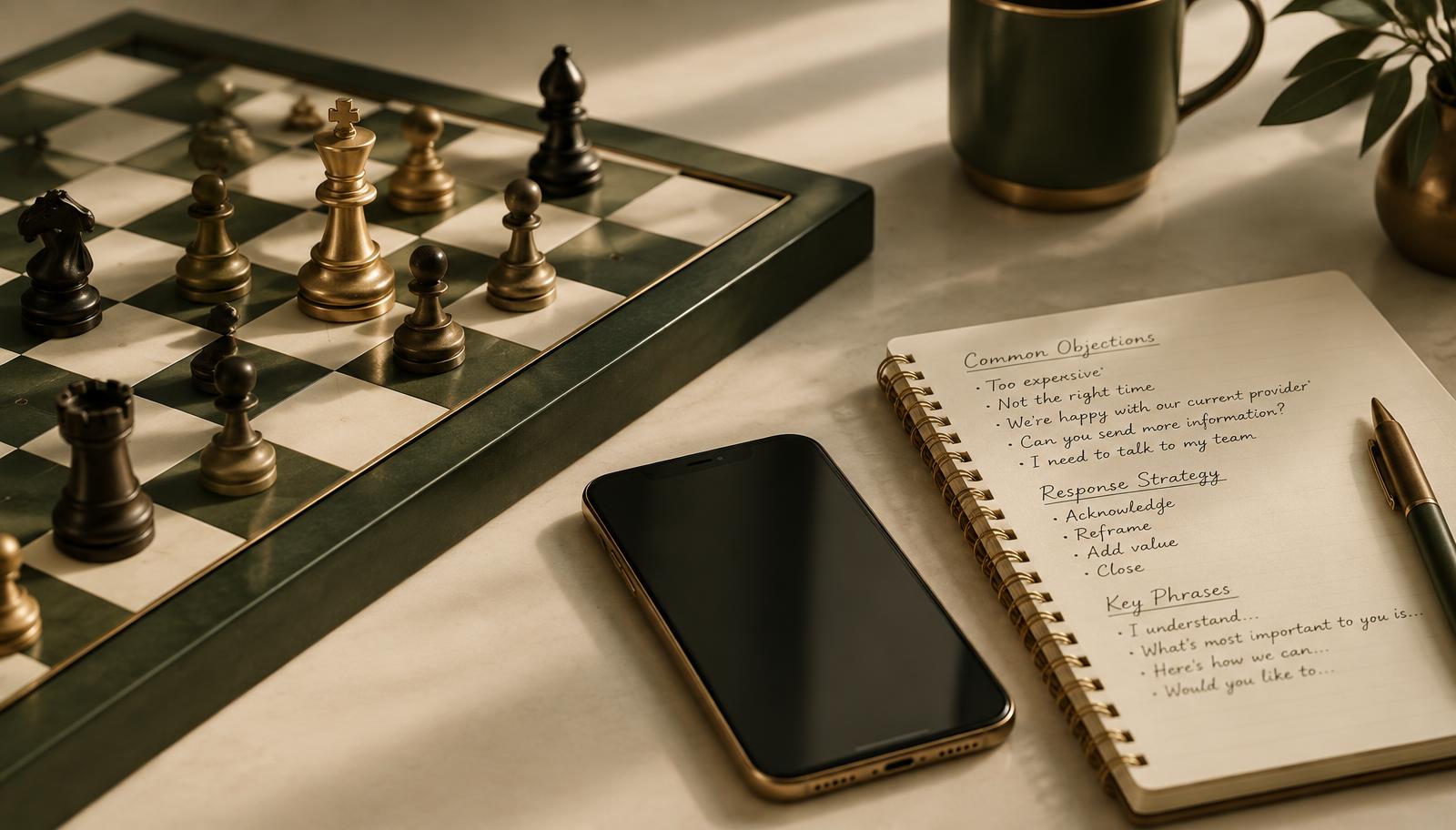 A chess board with a gold king beside a smartphone and a notepad of objection responses, representing preparing for lead generation calls