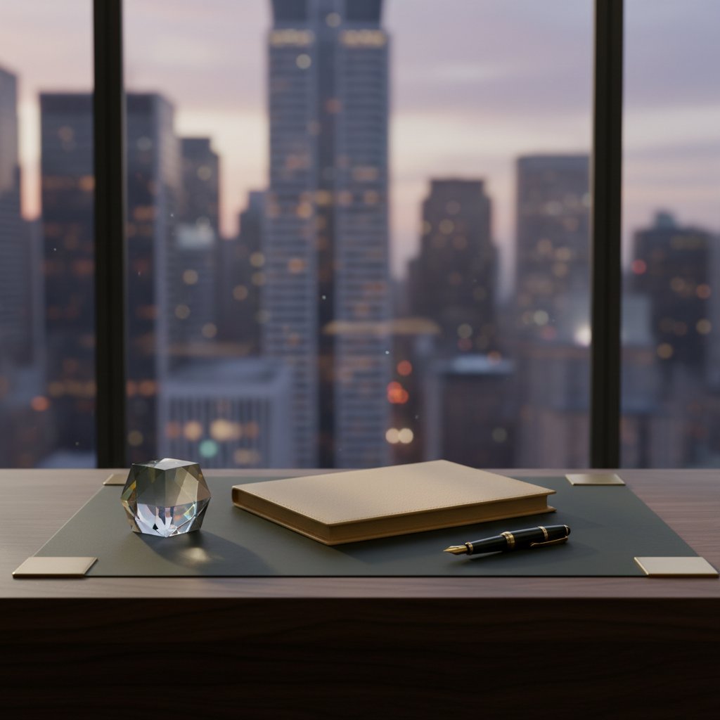 A luxury desk with a leather folder, gold-nib pen, and glass paperweight against a blurred city skyline, symbolizing professional negotiation and successful transactions.