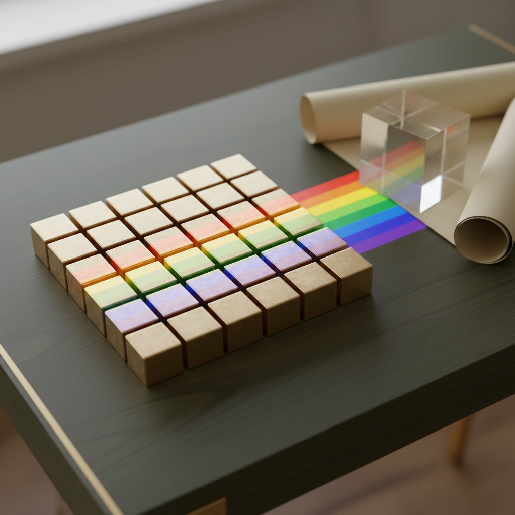A 5x5 grid of metallic cubes on a dark wooden desk beside a glass prism and blueprints, representing structured business growth and strategic leverage.
