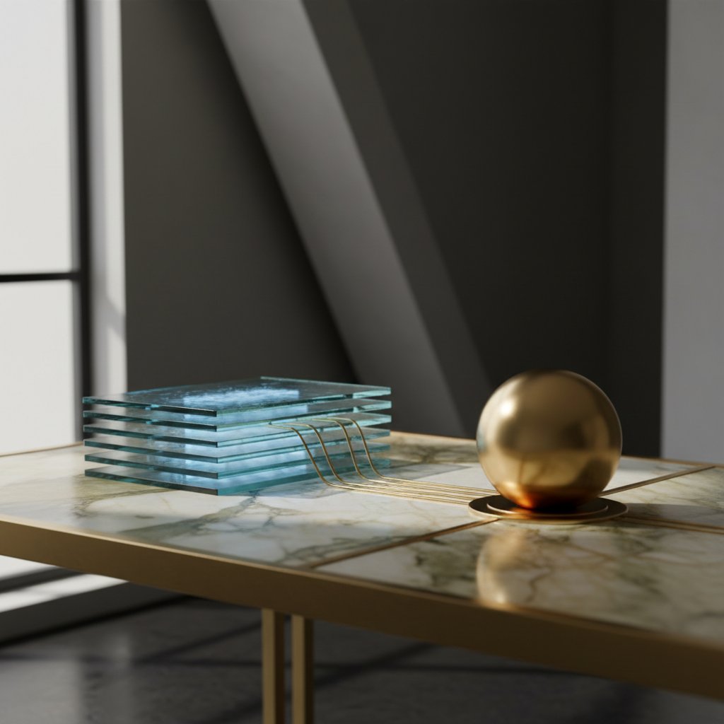 A sleek, modern still life of glowing glass tablets connected by light trails to a central metallic sphere on a marble desk, symbolizing digital transaction coordination efficiency.