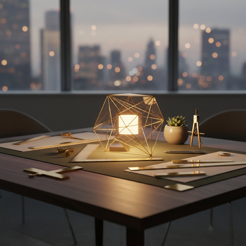 A glowing glass prism on a wooden desk refracting golden geometric patterns, symbolizing a structured and luminous real estate database system.
