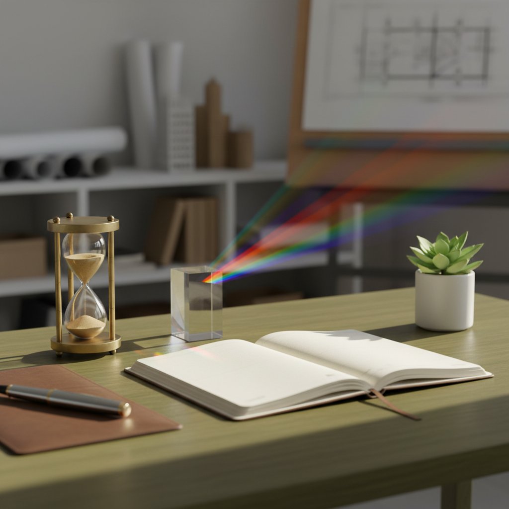 A minimalist workspace featuring a leather planner, a brass hourglass, and a crystal prism refracting light, symbolizing precision, time management, and clarity in business leverage.