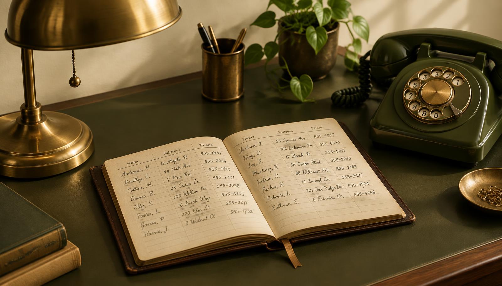 An open leather address book on an olive desk beside a brass lamp and vintage rotary phone, symbolizing reconnecting with past clients and sphere contacts
