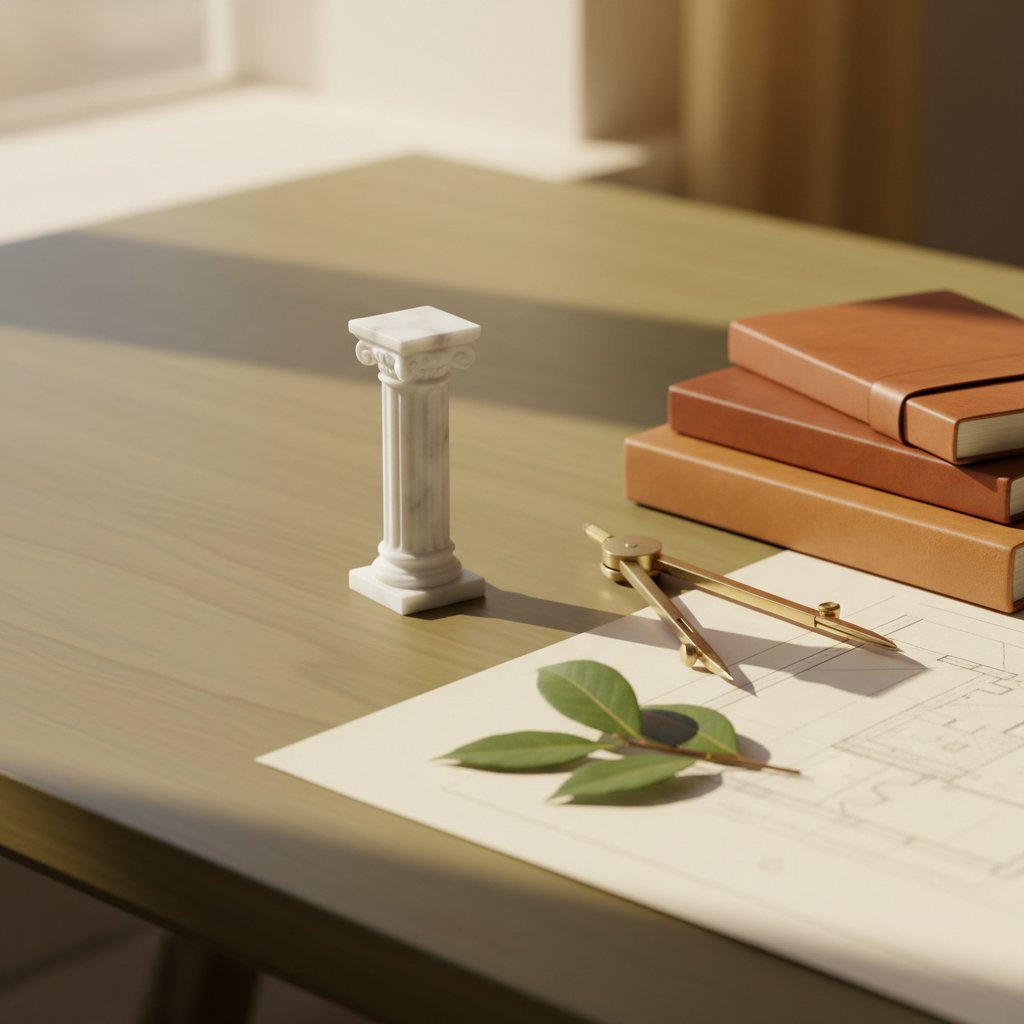 Minimalist desk with a marble column, brass compass, and journals on a blueprint, symbolizing leadership, elevation, and strategic growth.