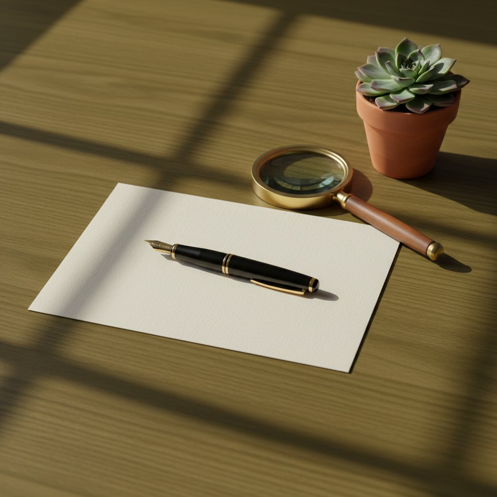 Minimalist desk with a fountain pen on an envelope, brass magnifying glass, and succulent, symbolizing professional real estate communication and growth.