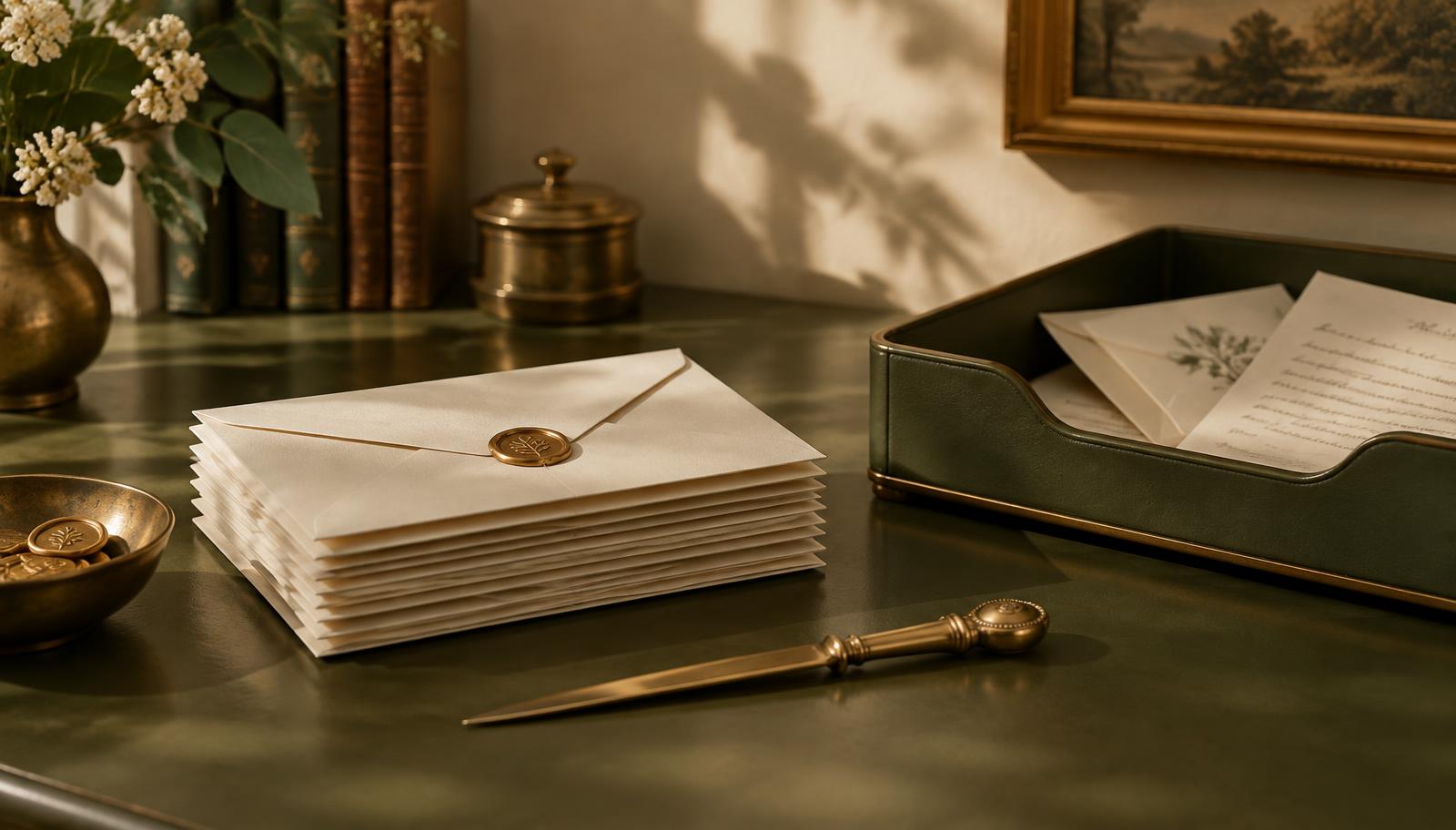 Stack of cream envelopes sealed with gold wax beside a brass letter opener and olive inbox tray