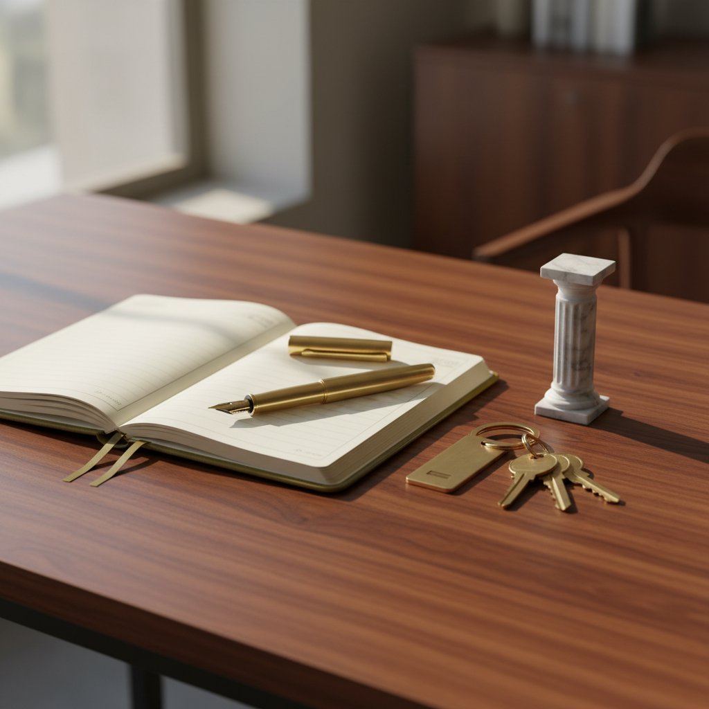 A professional still life with a leather planner, brass keys, and a marble column on a desk, symbolizing real estate leadership and foundation.