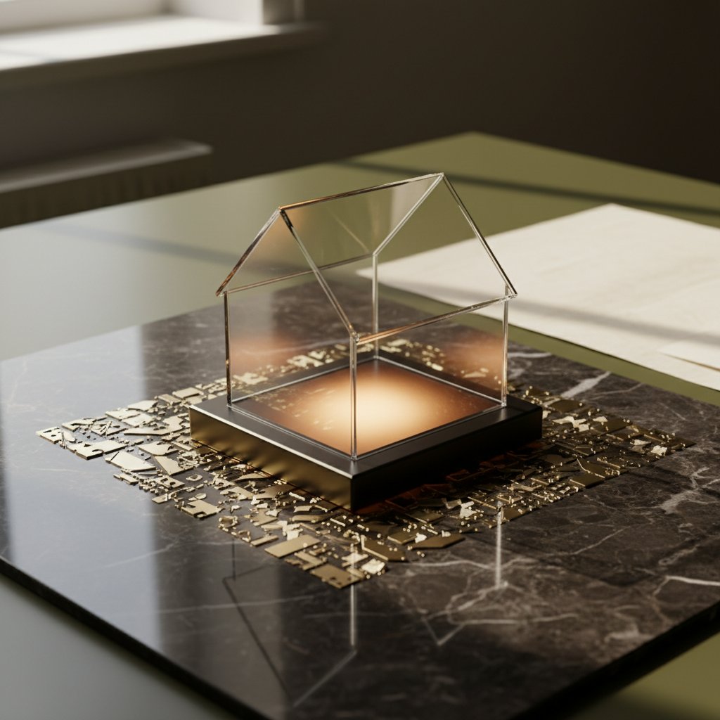 A glass house model glowing on a dark metallic foundation surrounded by abstract geometric data shards on a black marble surface, symbolizing robust revenue infrastructure.