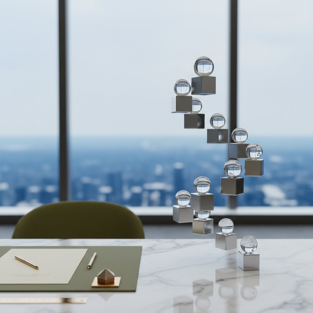 Minimalist architectural scene with silver cubes and glass spheres spiraling upward on white marble, symbolizing balanced, scalable business systems.