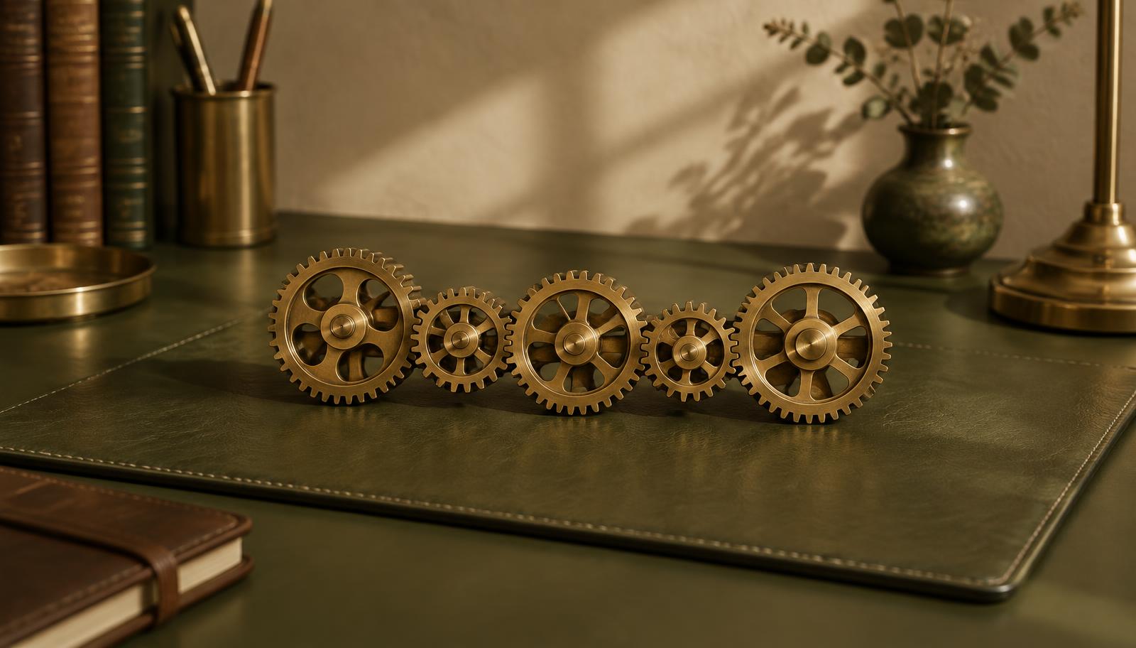 Interlocking polished brass gears arranged in a row on olive green leather