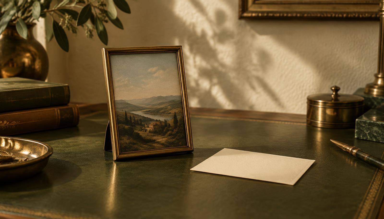Small brass picture frame standing upright on olive leather beside a cream card