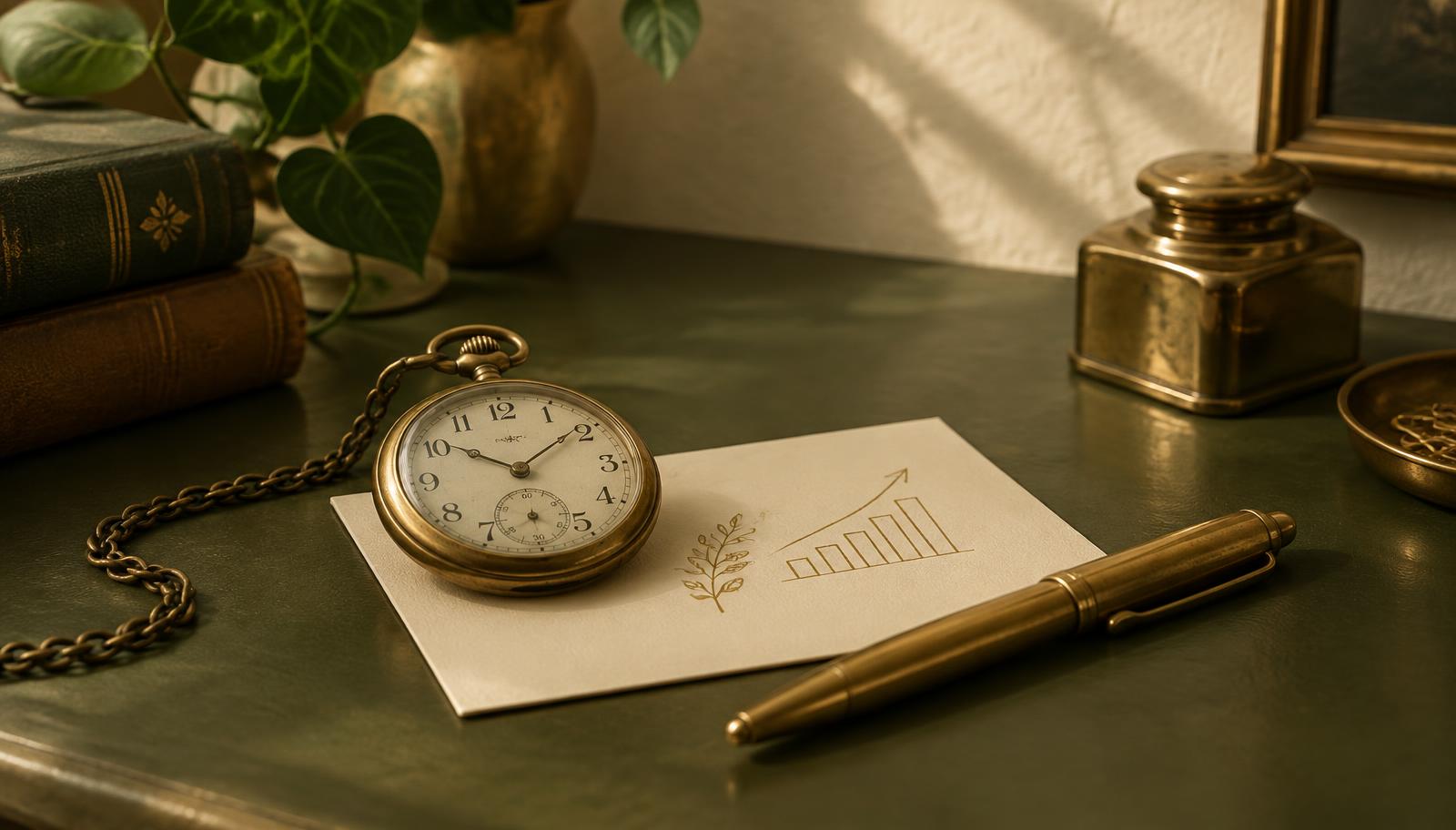 Antique brass pocket watch resting on a cream note card with a small gold ink chart