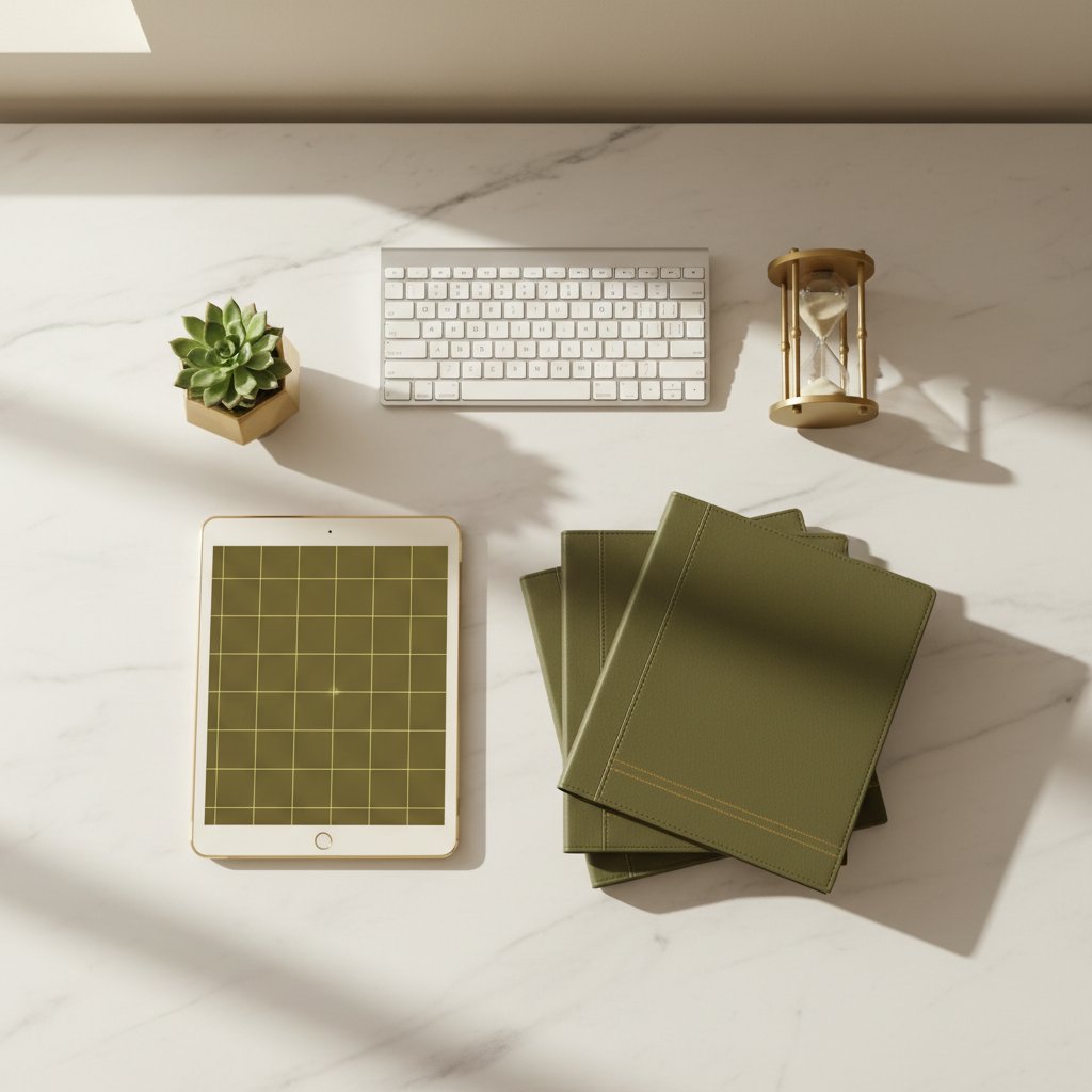 A top-down minimalist desk view with a keyboard, hourglass, folders, a tablet, and a succulent, symbolizing structured business systems on a white marble background.
